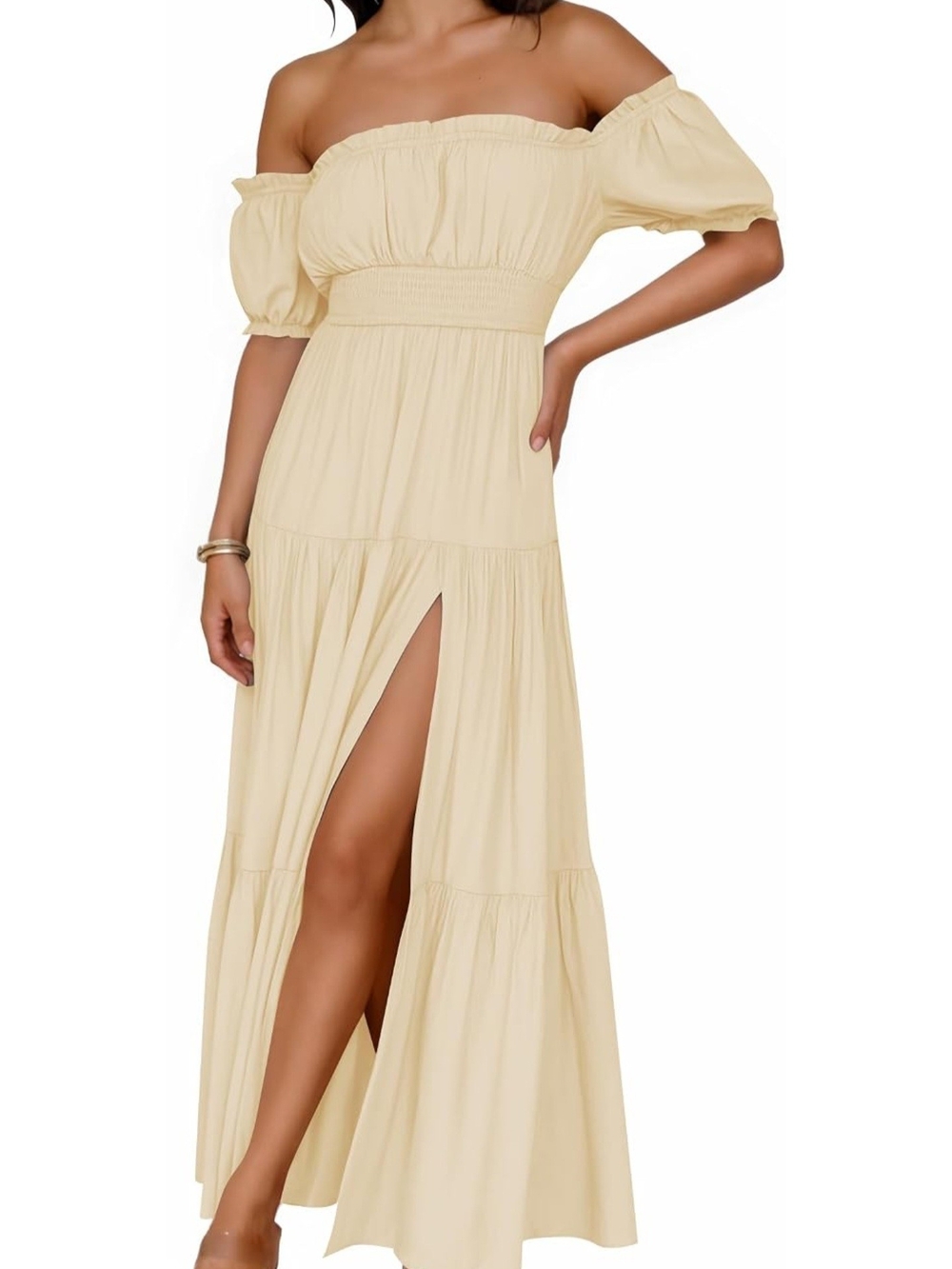 Cream One-Shoulder Maxi Dress with High Slit